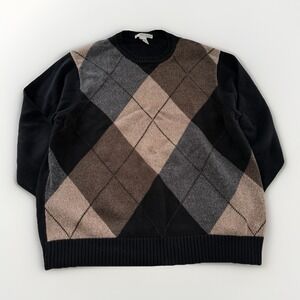 Vintage Geoffrey Beene Men's Argyle Cotton Sweater XL Black Tan Gray